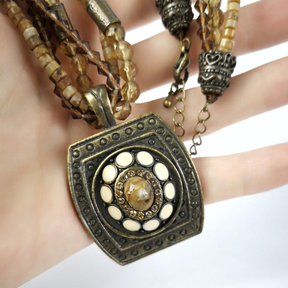 Vintage Ethnic Bohemian Beaded Pendant Necklace, 3 Strand Exotic Necklace